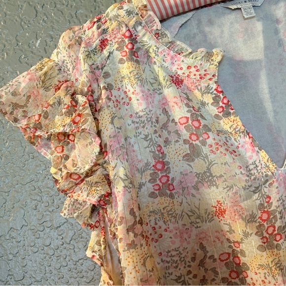 NWT Lucky Brand Floral V-Neck Short Sleeve Blouse Pink Cream Size Large - Picture 4 of 9
